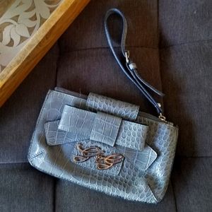 Guess Grey Bow Faux Patent Leather Lindsey Wristlet Clutch